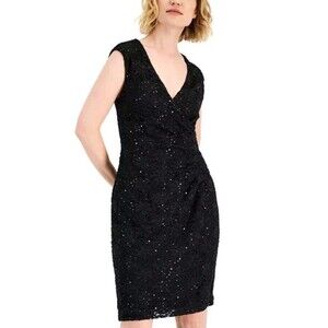 Size 12 Connected Apparel Black Sequined Lace Knee Length Sheath Dress  $89 NEW
